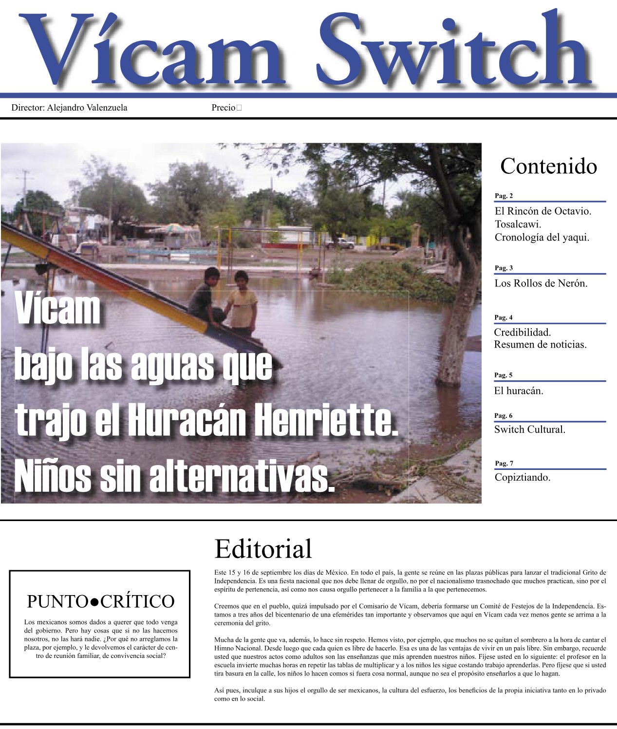 Portada: Vícam bajo las aguas que trajo el Huracán Henriette