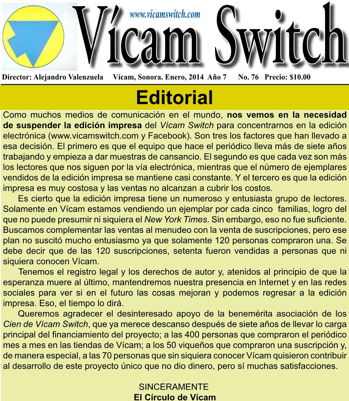 Portada: Suspensión de la Edición Impresa